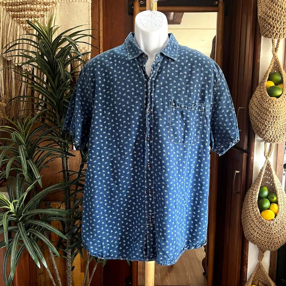 Tommy Bahama Shirt Mens XL Linen Cotton Blue Chambray Print Resort Short Sleeve